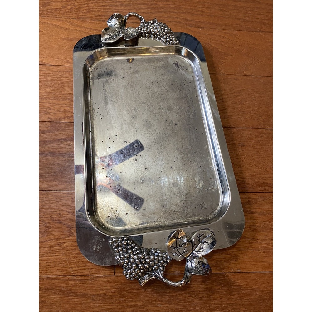 Godinger Silver-Plated Vintage Serving Tray Handles Grape Vine Style 17.5in